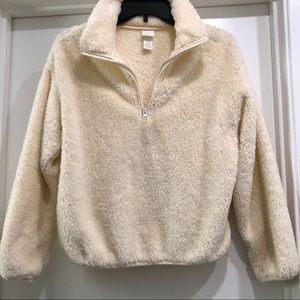 H&M Faux Fur Half Zip Pullover Beige Cream Sweater
